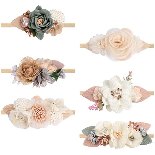VOBOBE Baby Girl Nylon Headbands Infant Flower Elastic Hair Band Bows Wraps For Newborn Toddler Hair Accessories Pack of 6 (A-Beige)