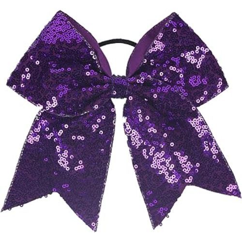 Women Girls Kids Teens Sequins Hair Bows Elastic Hair Tie Ribbon Large Cheer Bow Ponytail Holder Hair Band (Deep Purple)