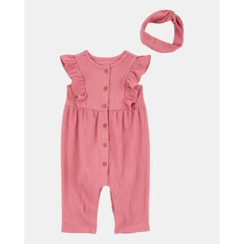 Baby Girl 2-Piece Solid Flutter-Sleeve Relaxed Fit Jumpsuit & Headwrap Outfit Set - Pink
| Carter's