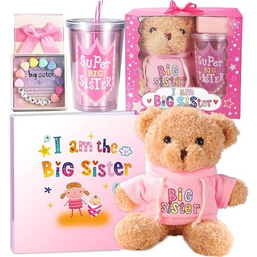 Big Sister Gifts for Girls, New Big Sister Gift Set for Little Girls Who Promoted to Big Sister, Includes Teddy Bear Plush Doll Big Sister Book Big Sis Bracelet Drinking Cup