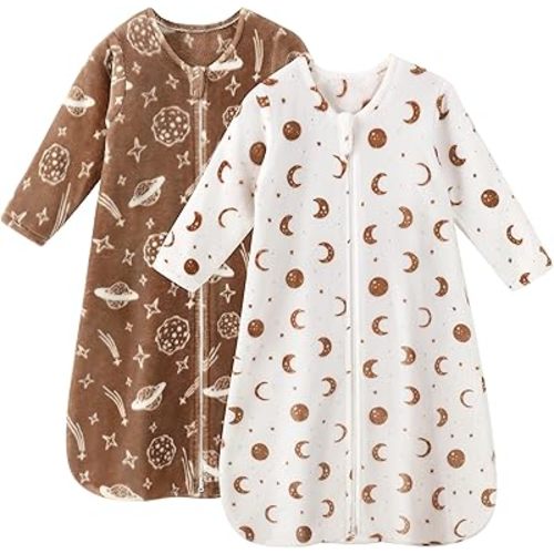 Fleece Baby Sleep Sack 0-6 Months Long Sleeve 2.0 Tog Baby Wearable Blanket with 2-Way Zipper Warm Sleeping Sack for Toddler Infant Newborn - Small White Brown Moon