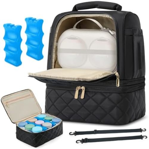 RAINSMORE Wearable Breast Pump Bag, Willow/Eufy/Elvie/Spectra/Medela/Momcozy M5/S12 Pro, Breast Milk Cooler Travel Bag with Cooler Compartment & Ice Pack, Black