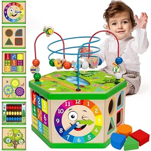 Wooden Activity Cube for 1 Year old, 12-18 Month Boys & Girls, 7-in-1 STEM Montessori Early Developmental Learning Toys for Kids Aged 1-2, Ideal 1st Birthday Gift Toys for Baby, Toddlers (Green)