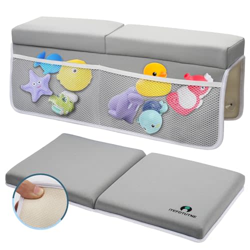 ITEFDTUTNE Memory Foam Bath Kneeler and Elbow Rest Set Baby Bath Kneeling Pad,Bathtub Kneeling Pad Painless Memory Foam Mat with Bath Toys Organizer Pockets Quick Drying,Non-Slip for Baby and Toddler