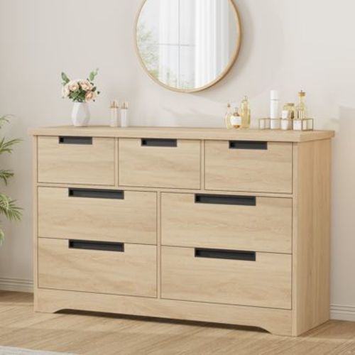 7 Drawer Dresser For Bedroom, Natural Double Dresser Organizer With Embedded Handles Design, Wooden Chest Of Drawers For Living Room Nursery Hallway