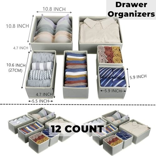 12 Pack Drawer Organizer for Clothing, Foldable Cloth Drawer Dividers Storage Bins, Clothes Drawer Organizer for Underwear,Folded Clothes,Baby Clothing,Socks,Bra,Towels,Ties - Gray