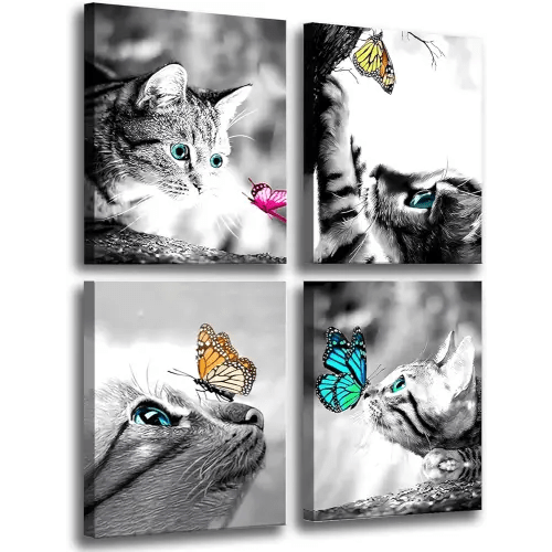 Framed Cat Canvas Wall Art,Cat and Butterfly Print,Butterfly Cat Wall Art - Black and White Cat Canvas Wall Art - Cat Lover Gifts - Decor for Bedroom,Vet's Clinic,4Pcs(8x10 in Framed