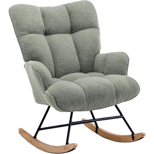 Rocking Chair Nursery Teddy Upholstered Glider Rocker Rocking Accent Chair Padded Seat with High Backt Comfy Armchair Side Chair for Living Room Bedroom (Sagegreen Teddy)