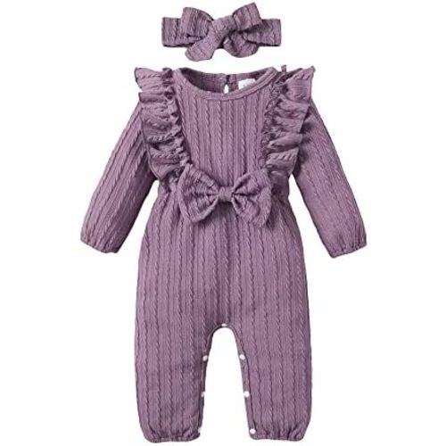 Happy Town Baby Girl Romper Infant Fall Winter Clothes Ruffle Sweater Long Sleeve Bodysuit Jumpsuit and Headband