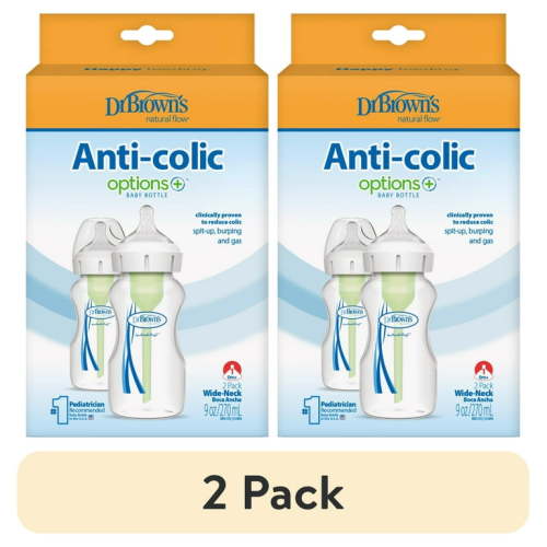 (2 pack) Dr. Brown’s Natural Flow Anti-Colic Options+ Wide-Neck Baby Bottle, 9 oz/270 mL, Level 1 Nipple, 2-Pack, 0m+