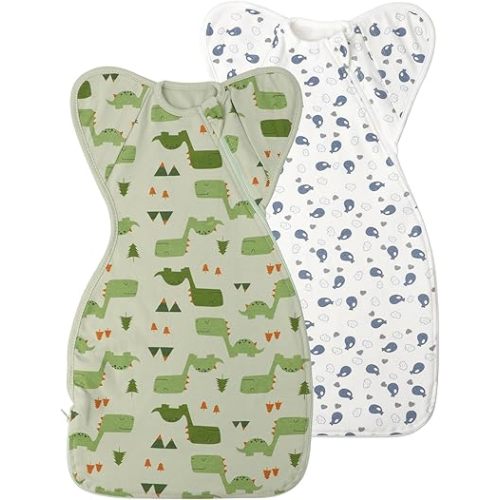 Premium Soft Cotton Swaddle Blanket Sleep Sacks Arms Up Design 2 Packs 3-6 Months, Hands Up 3-Way Transitions to Arms-Free Wearable Sleeping Sack Bag for Baby Boys Girls Snug Fit Calms Startle Reflex
