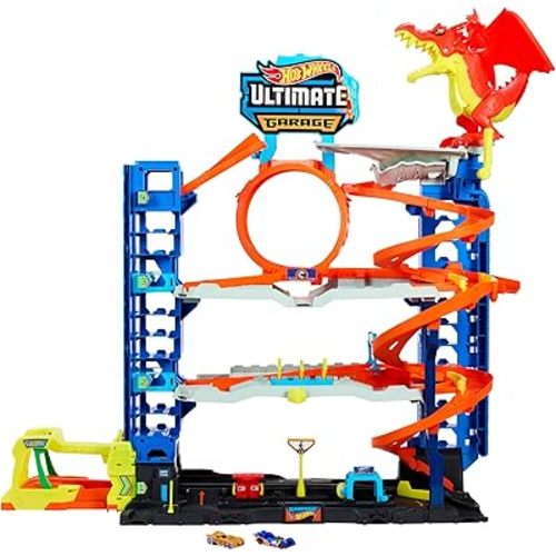 Hot Wheels City Ultimate Garage Track Set with 2 Die-Cast Toy Cars & Car-Eating Dragon, Stores 50+ Vehicles, 4 Levels