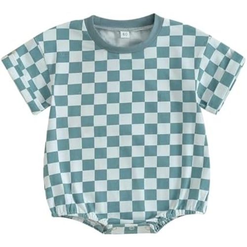 Karuedoo Newborn Baby Boy Girl Clothes Checkered T-Shirt Bubble Romper Oversized Short Sleeve Onesie One-Piece Summer Outfit