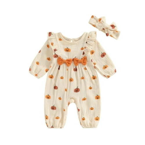 Halloween Newborn Baby Girl Outfits Ruffle Pumpkin Long Sleeve Romper Jumpsuit with Headband Set Waffle Fall Clothes 0-12M