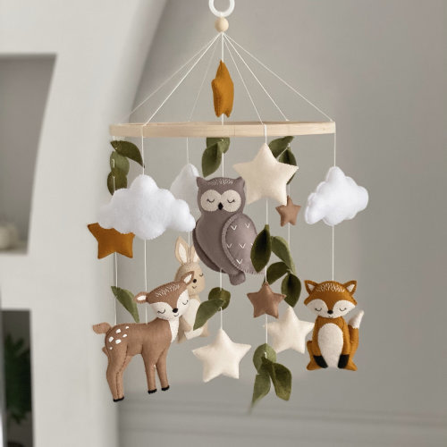 Woodland baby mobile neutral, baby mobile with forest animals deer hare fox owl, forest baby crib mobile, natural woodland nursery decor