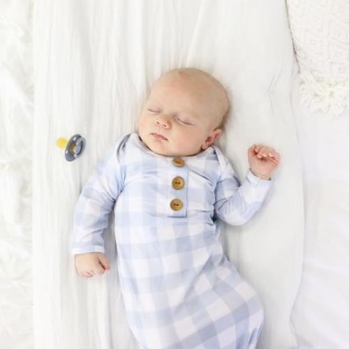 Dusty Blue Gingham Newborn Baby Knot Gown & Hat Set | Caden Lane