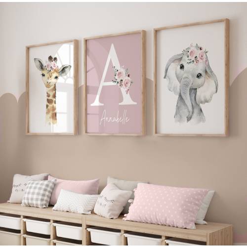Girls Nursery Prints,Safari Nursery Prints,Girls Nursery Decor,Baby Girl Room,jungle nursery,safari animal,floral nursery,pink,personalised