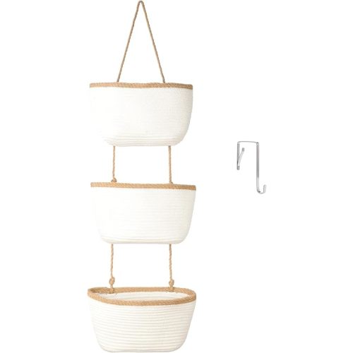 TeoKJ 3-Tier Wall hanging Storage Bags, Over the Door Organizer, Decorative Cotton Rope Hanging Baskets, White & Dark Brown