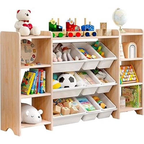 MallBest 4-Tier Kids' Toy Storage Organizer Shelf - 100% Solid Wood,Extra Wide Children's Storage Cabinet with 9 Plastic Bins and 6 Storage Ports