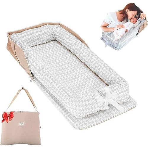 Baby Lounger for Newborn Portable Bag,Baby Nest Play Gym mat with Strap,Newborn Lounger Adjustable Size & Inner Zipper Lengthen Space to 24 Months(Gray Thousand Bird Check)