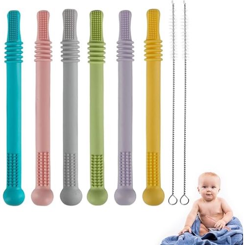Hollow Teether Tubes, 6 Pack Chew Straw Toy for Infant Toddlers Silicone Teething Toys for Babies, 0-6 Months 6-12 Months BPA Free/Freezable/Dishwasher and Refrigerator Safe