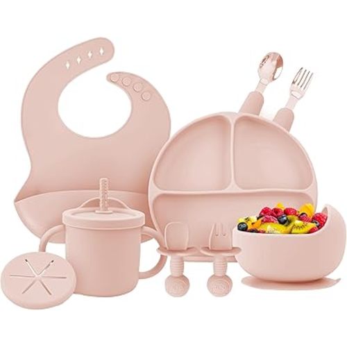 OWS Baby Feeding Set (11 pc) - Certified BPA-Free 100% Food Grade Silicone with Suction Bowl, Divided Plate, Sippy Cup with Straw & 2 Lids, Adjustable Bib, and Weaning Utensils (Light Pink)