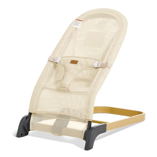 Foldable Baby Bouncer, Baby Bouncer Seat with 3 Adjustable Heights, Portable Newborn Rocker, Ergonomic Bouncer Seat for Natural Bounce, Bouncer for Babies 0-6 Months, Breathable Mesh (Beige)