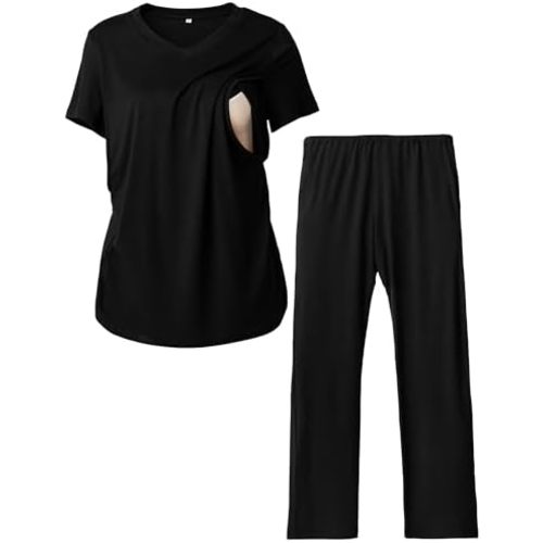 Rnxrbb V Neck Nursing Pajamas Set Postpartum Pjs Maternity Breastfeeding sleepwear for Women with Pockets 2 Pack