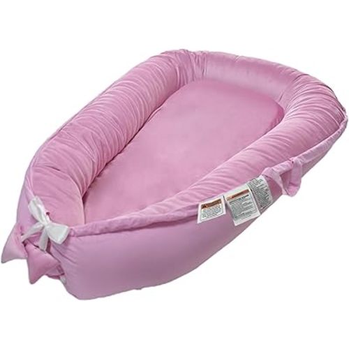 Baby Nest Lounger, Newborn Lounger for 0-24 Months, 100% Cotton Soft Adjustable Infant Lounger Baby Floor Seat for Travel, Co Sleeper for Girls Boys in Bed(Pink)