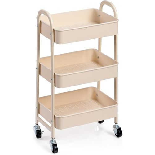 AGTEK 3-Tier Rolling Carts with Wheels, Rolling Utility Cart with Iron Frame for Kitchen, Plastic Shelves, Living Room, Office, Beige