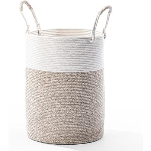 Laundry Basket – Laundry Hamper for Clothes, Blankets, Yoga Mat – Woven Cotton Rope Basket for Living Room, Bedroom, Nursery Room – Boho Style – White & Beige Brown