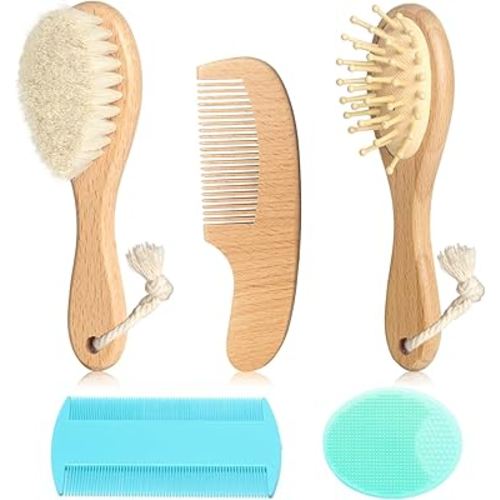 Goat Baby Hair Brush Set, Wooden Comb Massage Scalp Comb, Safe Natural Hair Care Kit, Soft Silicone Bath Brush for Newborns Toddlers (Brush Set+ Green Massager)
