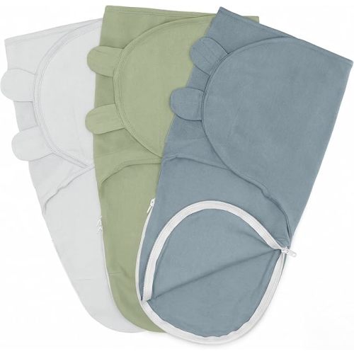 Comfy Cubs Easy Swaddle Blanket with Zipper Closure, 3 Pack - 100% Cotton Newborn Wrap, Large for 3-6 Months Infants, Breathable and Durable Sleep Sack for Babies - Stone, Pacific Blue, Sage