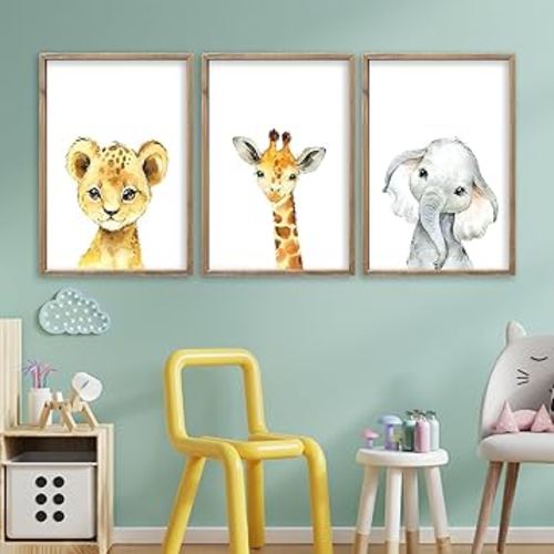 Baby Safari Nursery Wall Art Decor 11x16 Inch Set of 3 Wood Framed Cute Animal Giraffe Elephant Lion Prints Sign Kids Boys Girls Room Bedroom Jungle Animal Pictures Wall Hanging (Wood)