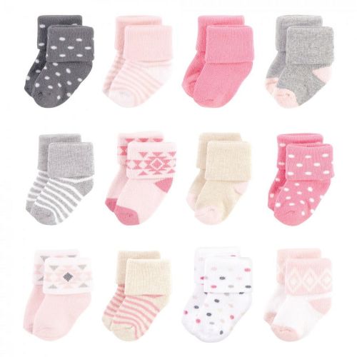 Hudson Baby Infant Girl Cotton Rich Newborn and Terry Socks, Pink Gray Aztec, 0-6 Months