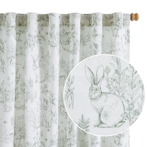 jinchan Linen Nursery Curtains 63 inch Long Woodland Wildlife Sage Green Print Drapes for Kid's Room Light Filtering French Country Farmhouse Curtains with Bunny and Forest Design Set of 2 Panels