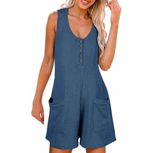 AlvaQ Womens Short Jumpsuits Solid Color Summer Casual Waffle Button Front Sleeveless Rompers with Pockets