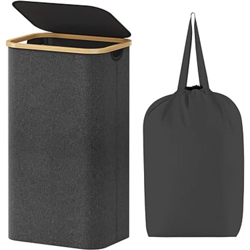 Lifewit 100L Laundry Basket with Lid, Clothes Hampers for Laundry with Bamboo Handles and A Removable Laundry Bag, Large Foldable Laundry Hamper for Bedroom, Bathroom, Dorm, Laundry Room, Dark Gray