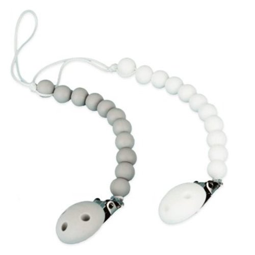 Kids Heroes Silicone Pacifier Holder Clip with One Piece Design for Baby, 2 Pack (White and Grey)