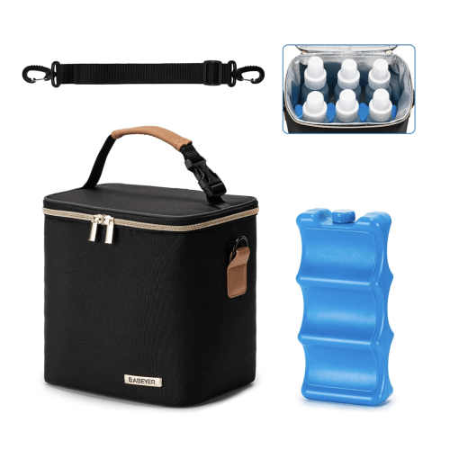 Breastmilk Cooler Bag with Ice Pack Fits 6 Baby Bottles Up to 9 Ounce, Baby Bottle Bag with Shoulder Strap for Nursing Mom Daycare, Black