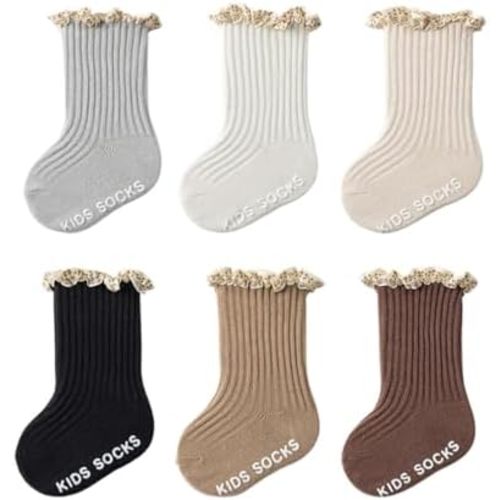 Baby Girls Ruffle Socks With Non Slip Grips Toddler Girl's Frilly Dress Lace Socks Anti-slip for Infant Multi Colors