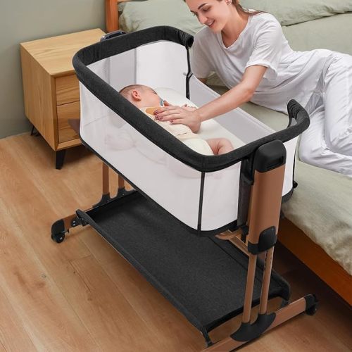 3 in 1 Baby Bassinet, Rocking Bassinets with Comfy Mattress and Wheels, Adjustable Height Bassinet Bedside Sleeper, Easy Folding Portable Crib for Newborn (Black)