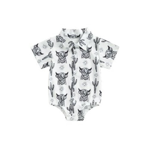 Western Baby Boy Clothes Cow Print Onesie Dress Shirt Short Sleeve Button Down Romper Bodysuit Hawaii Cowboy Outfit