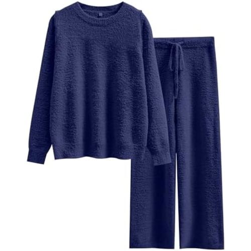 ANRABESS Women's Fuzzy Fleece Pajama Sets 2 Piece Outfits Long Sleeve Top Wide Leg Pants Lounge Matching Set 2025 Fall Winter