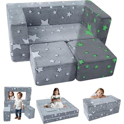 MeMoreCool Modular Kids Play Couch Sofa – Glow in The Dark Star Design, Fold-Out Toddler Couch for Playroom Furniture, Grey