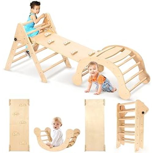 YOLEO Pikler Triangle Set, Foldable 7-in-1 Montessori Climbing Set Fun Baby Pickler-3 Piece Climbing Jungle Gym and Indoor Playground Climbing Toys for Toddlers 1-3 Inside (Natural, Standard Version)