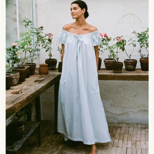 Lily Lounge Dress - Long - Cotton - Gingham Pale Blue – Piyama USD