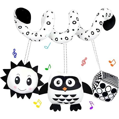 Ebrima Baby Spiral Activity Car Seat Toys, Black and White Baby Toys, High Contrast Baby Sensory Toys, Newborn Hanging Plush Stroller Toys for 0 3 6 9 12 Months Boys Girls (Owl)