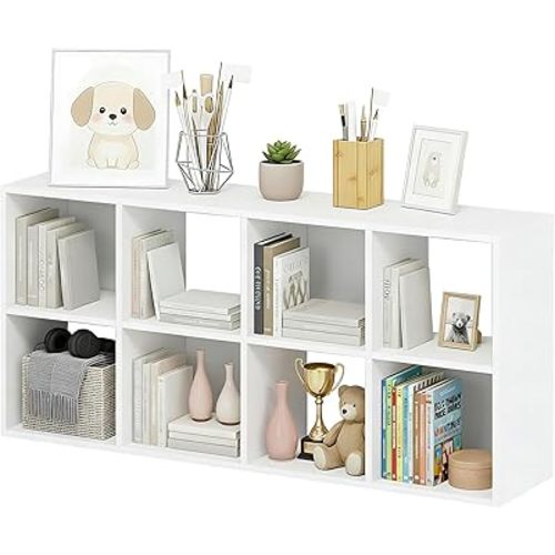 8-Cube Storage Organizer, White Bookshelf with Open Compartments for Home Office, Modern Bookcase Display Shelf for Living Room, Bedroom & Entryway