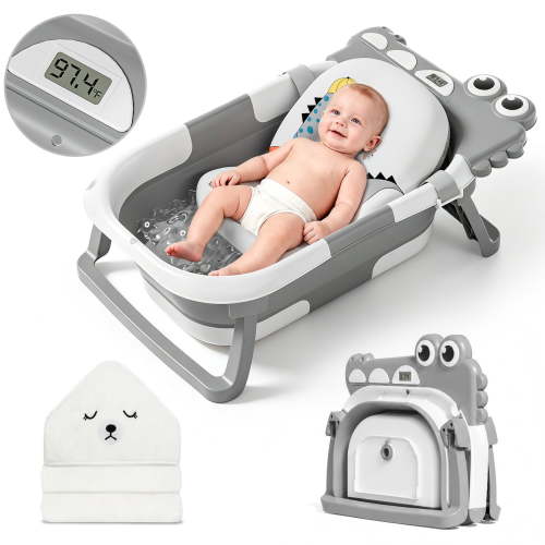 MoreFeel Collapsible Baby Bathtub with Thermometer,0-36 Months